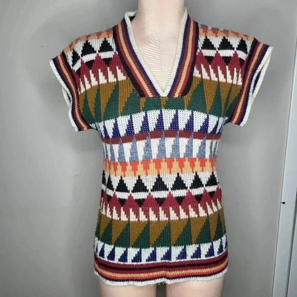 Vintage 1970's Sweater Story Vest Cardigan V Neck Womens Size Small Colorful - Picture 1 of 7